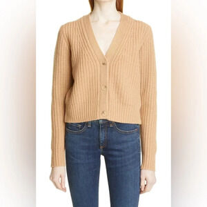 Nili Lotan Alexis Chunky Ribbed Knit V-Neck Cashmere Cardigan Camel Tan Neutral